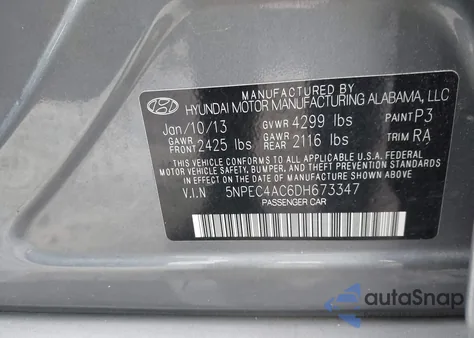 2013 Hyundai Sonata Limited z USA, uszkodzony, nr VIN 5NPEC4AC6DH673347